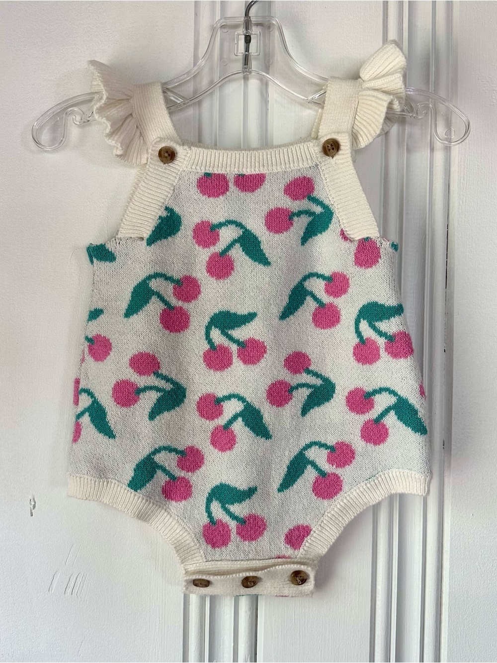 Little Lass Baby Cream Knit Onesie with Pink Cherry Print
